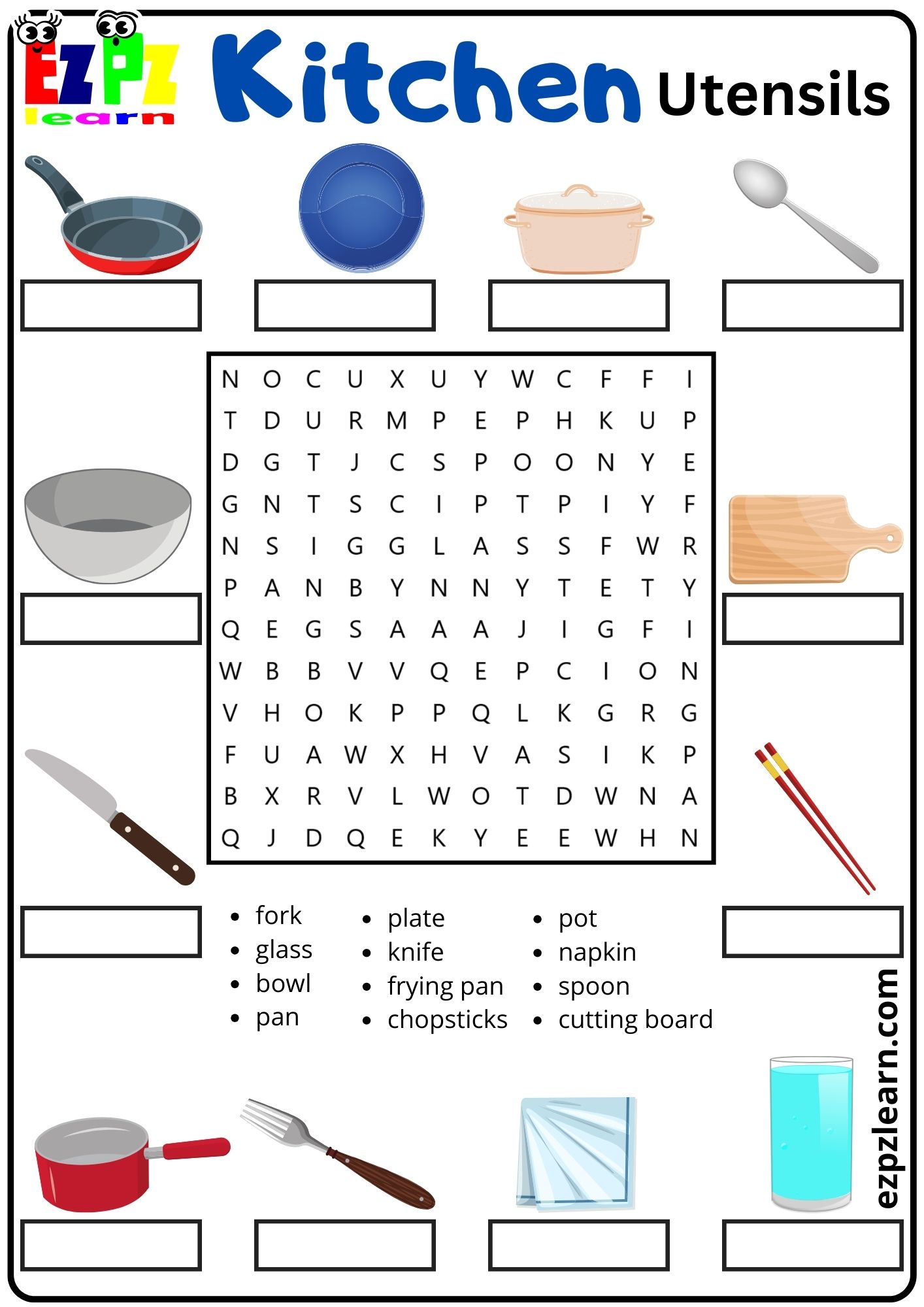 Kitchen Utensils Vocabulary Word Search and Match the Words Activity for Kids and English